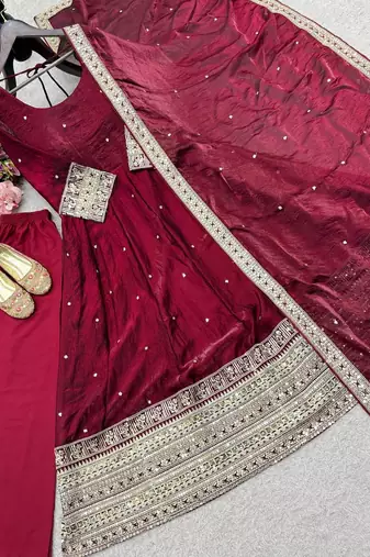 maroon color embroidery sequin work satin silk blend gown set