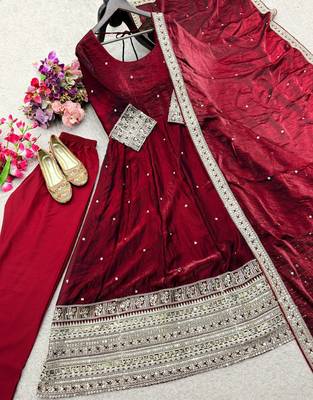 maroon color embroidery sequin work satin silk blend gown set 4