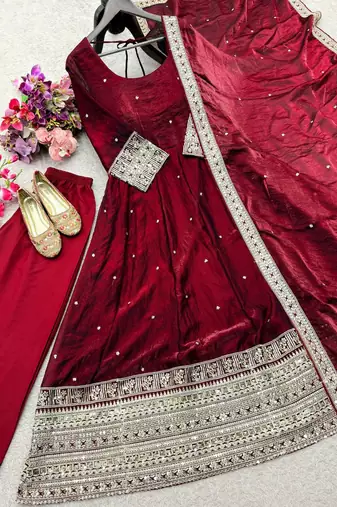maroon color embroidery sequin work satin silk blend gown set