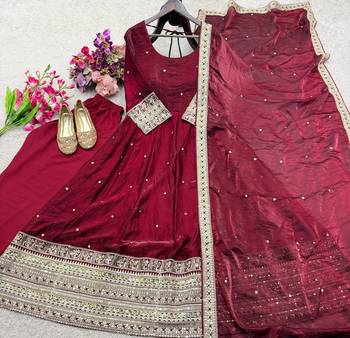 maroon color embroidery sequin work satin silk blend gown set 5