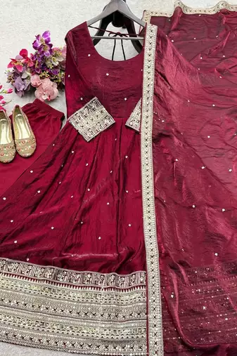 maroon color embroidery sequin work satin silk blend gown set