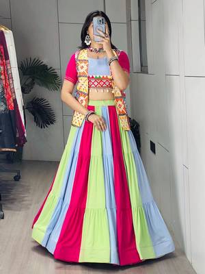 MULTI COLOURE RAYON COTTON PARTY WEAR EMBROIDERY LEHNGHA CHOLI - free size 1