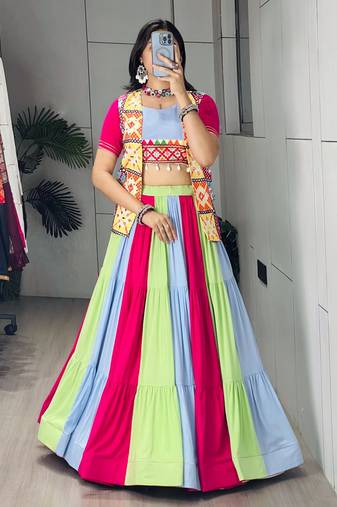 MULTI COLOURE RAYON COTTON PARTY WEAR EMBROIDERY LEHNGHA CHOLI - free size