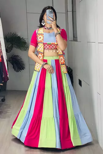 MULTI COLOURE RAYON COTTON PARTY WEAR EMBROIDERY LEHNGHA CHOLI - free size