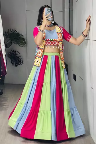 MULTI COLOURE RAYON COTTON PARTY WEAR EMBROIDERY LEHNGHA CHOLI - free size