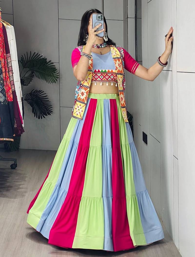 MULTI COLOURE RAYON COTTON PARTY WEAR EMBROIDERY LEHNGHA CHOLI - free size