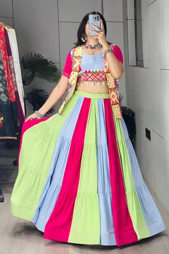MULTI COLOURE RAYON COTTON PARTY WEAR EMBROIDERY LEHNGHA CHOLI - free size