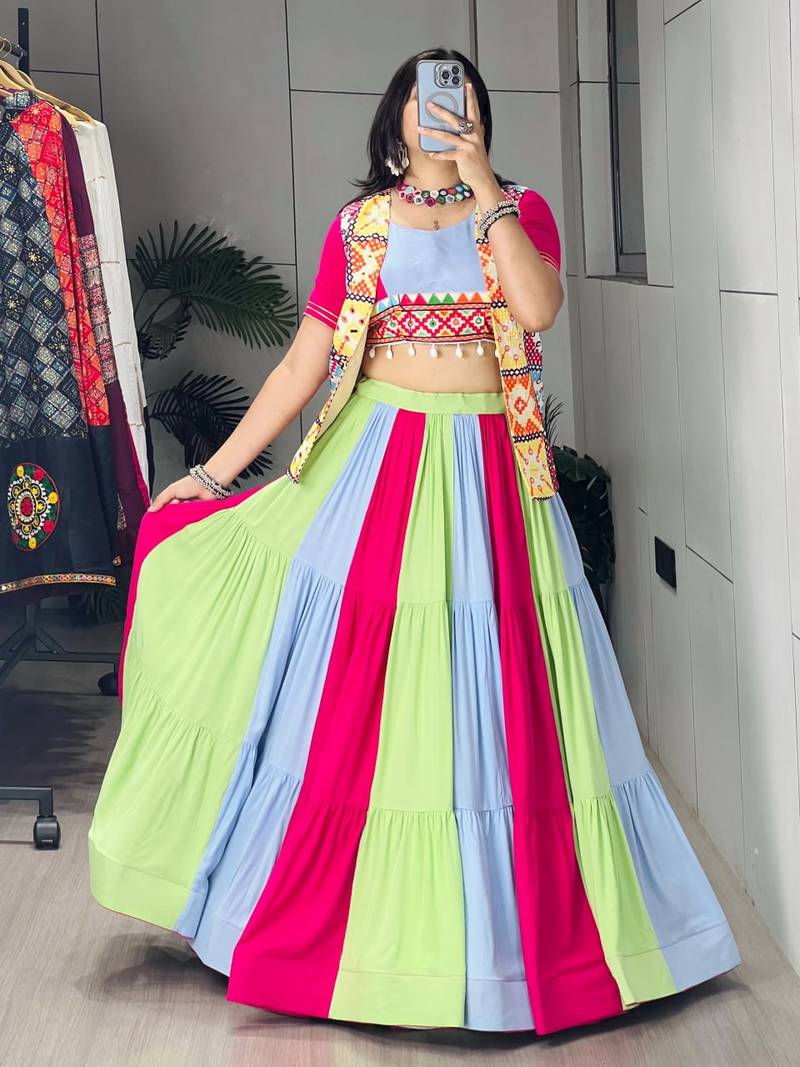 MULTI COLOURE RAYON COTTON PARTY WEAR EMBROIDERY LEHNGHA CHOLI - free size
