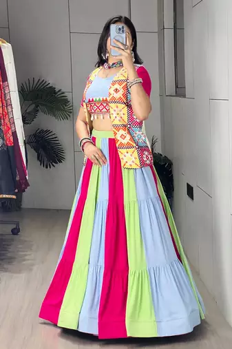 MULTI COLOURE RAYON COTTON PARTY WEAR EMBROIDERY LEHNGHA CHOLI - free size