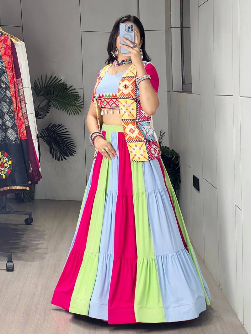MULTI COLOURE RAYON COTTON PARTY WEAR EMBROIDERY LEHNGHA CHOLI - free size