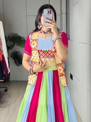 MULTI COLOURE RAYON COTTON PARTY WEAR EMBROIDERY LEHNGHA CHOLI - free size 5