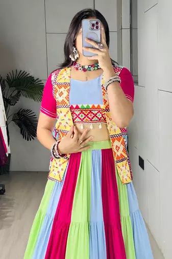 MULTI COLOURE RAYON COTTON PARTY WEAR EMBROIDERY LEHNGHA CHOLI - free size