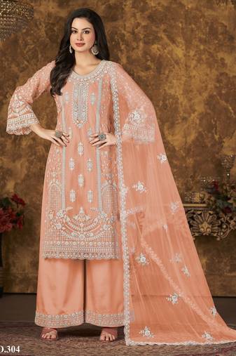Peach Heavy Cording Work Net Salwar Suit