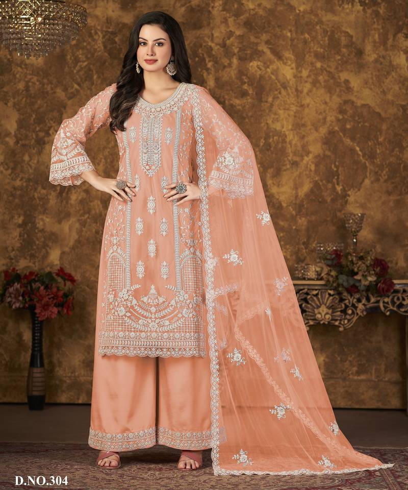 Peach Heavy Cording Work Net Salwar Suit