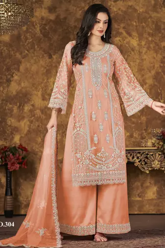 Peach Heavy Cording Work Net Salwar Suit