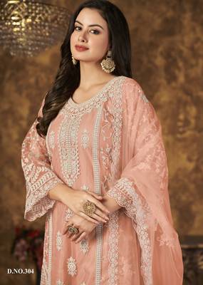 Peach Heavy Cording Work Net Salwar Suit 3