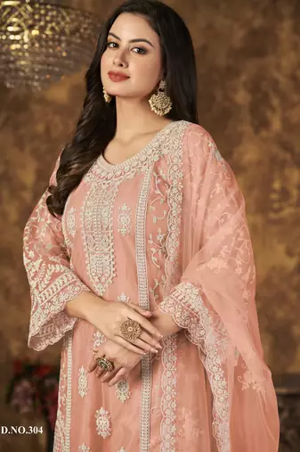Peach Heavy Cording Work Net Salwar Suit