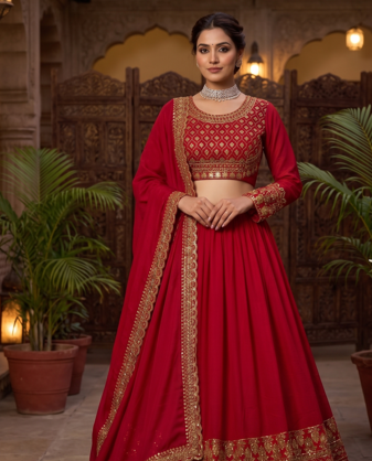 Women's Red Embroidered Lehenga Choli Set with Dupatta