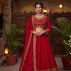 Women's Red Embroidered Lehenga Choli Set with Dupatta