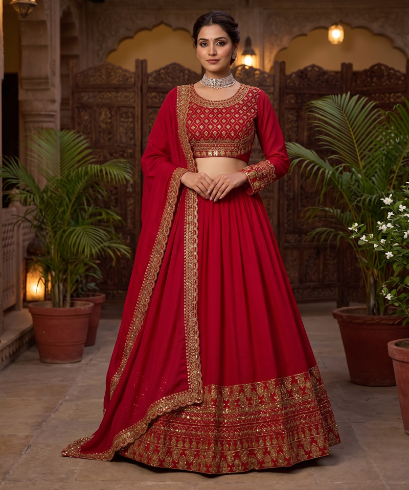 Women's Red Embroidered Lehenga Choli Set with Dupatta