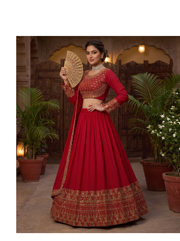 Women's Red Embroidered Lehenga Choli Set with Dupatta 2