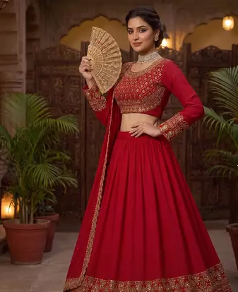 Women's Red Embroidered Lehenga Choli Set with Dupatta
