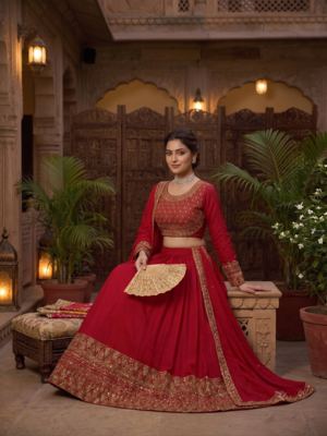 Women's Red Embroidered Lehenga Choli Set with Dupatta 3