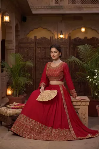 Women's Red Embroidered Lehenga Choli Set with Dupatta