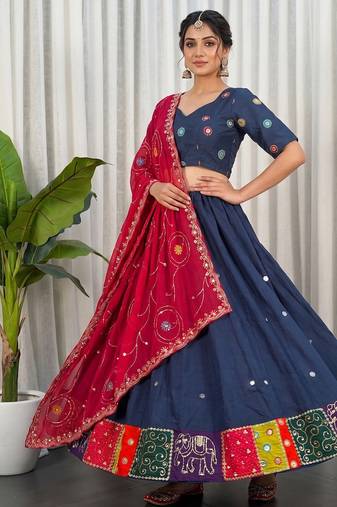 Women's Traditional Navratri Special Blue Lehenga Choli Set with Patchwork Border