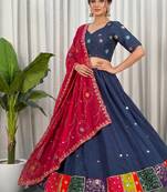 Women's Traditional Navratri Special Blue Lehenga Choli Set with Patchwork Border