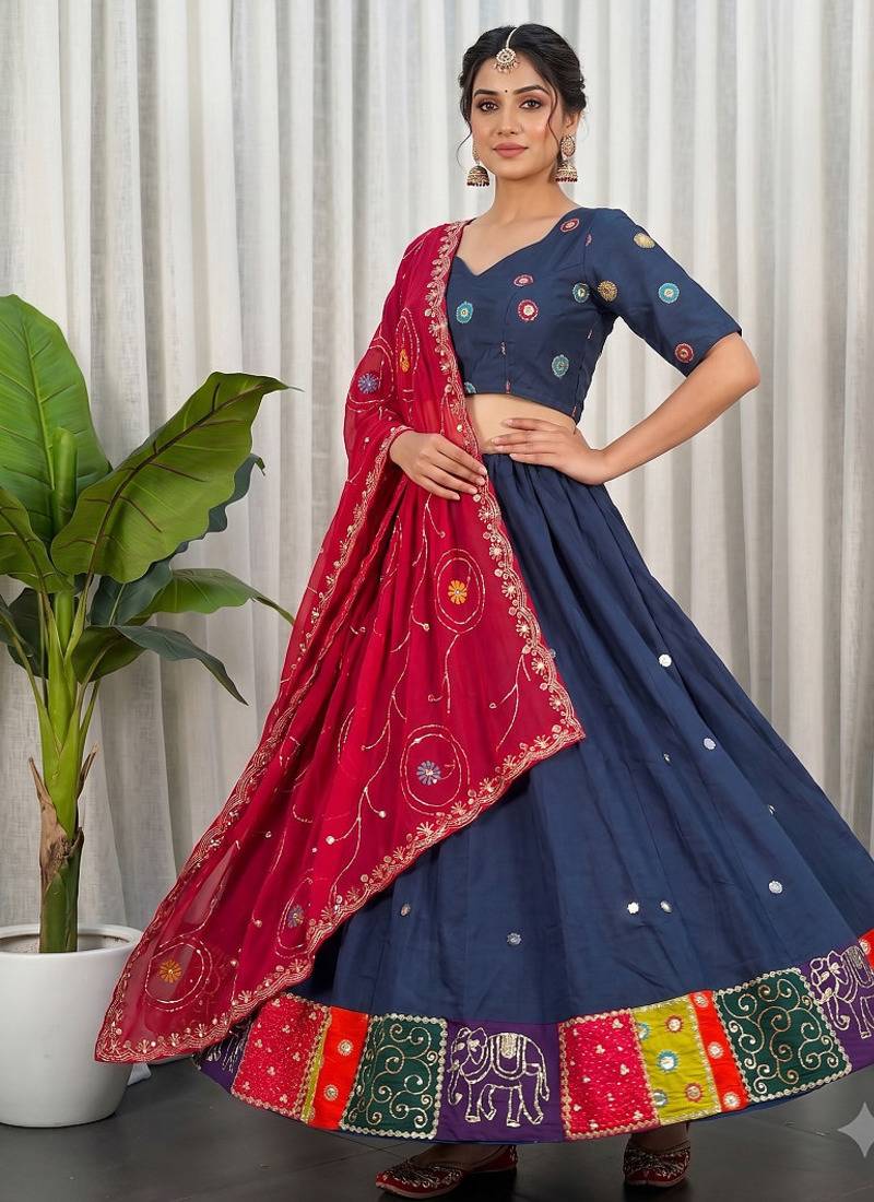 Women's Traditional Navratri Special Blue Lehenga Choli Set with Patchwork Border