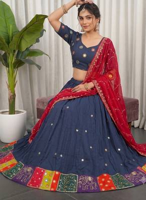 Women's Traditional Navratri Special Blue Lehenga Choli Set with Patchwork Border 2