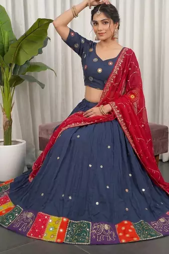 Women's Traditional Navratri Special Blue Lehenga Choli Set with Patchwork Border