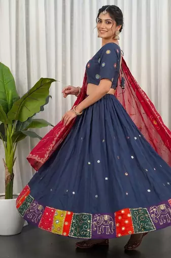 Women's Traditional Navratri Special Blue Lehenga Choli Set with Patchwork Border