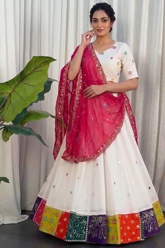 Women's White Lehenga Choli Set with Patchwork Border
