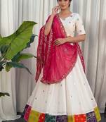 Women's White Lehenga Choli Set with Patchwork Border
