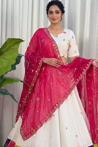 Women's White Lehenga Choli Set with Patchwork Border