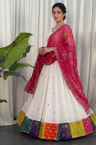 Women's White Lehenga Choli Set with Patchwork Border