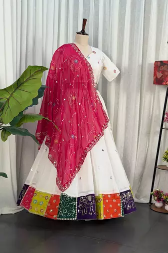 Women's White Lehenga Choli Set with Patchwork Border