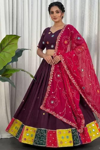 Women's Wine Lehenga Choli Set with Patchwork Border