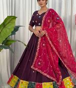 Women's Wine Lehenga Choli Set with Patchwork Border