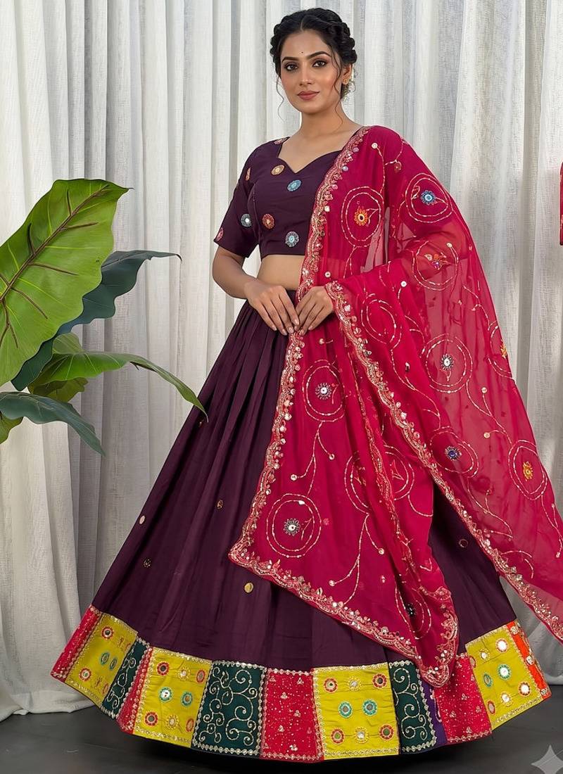 Women's Wine Lehenga Choli Set with Patchwork Border