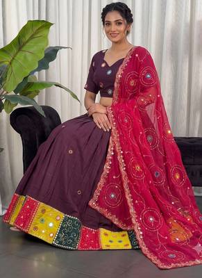 Women's Wine Lehenga Choli Set with Patchwork Border 2