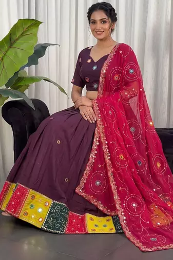 Women's Wine Lehenga Choli Set with Patchwork Border