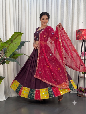Women's Wine Lehenga Choli Set with Patchwork Border 3