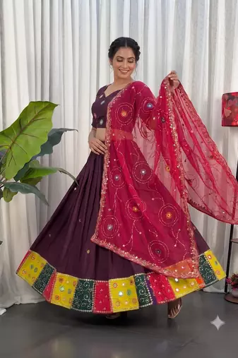 Women's Wine Lehenga Choli Set with Patchwork Border