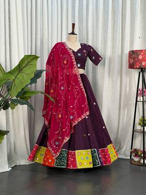 Women's Wine Lehenga Choli Set with Patchwork Border 4