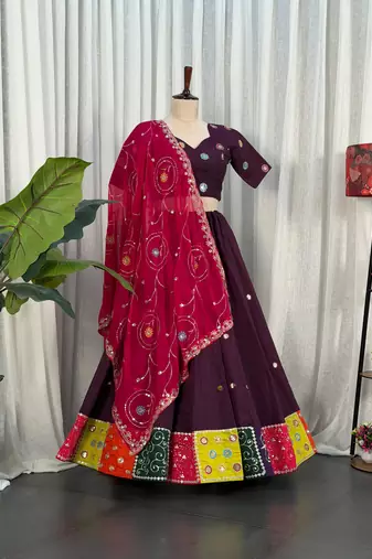 Women's Wine Lehenga Choli Set with Patchwork Border