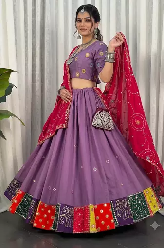 Women's Lavendar Lehenga Choli Set with Patchwork Border