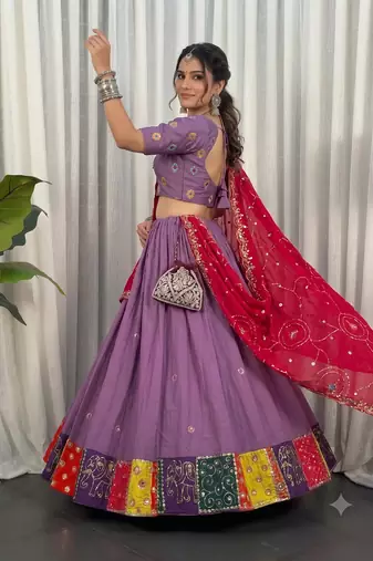 Women's Lavendar Lehenga Choli Set with Patchwork Border